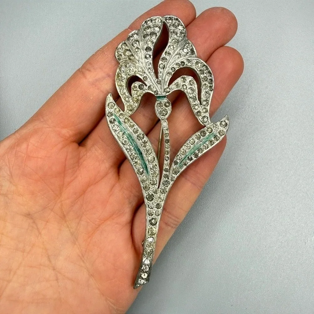 VTG Art Deco Pot Metal Floral Brooch c. 1930s Large Silver Tone Rhinestones